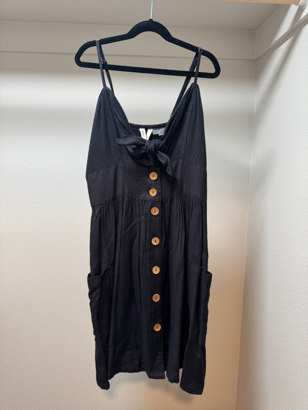 Roxy Black Dress with Wood-Tone Buttons